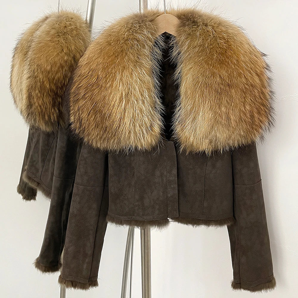 OFTBUY Luxury Suede Jacket with Real Rabbit Fur Lining & Oversized Fox/Raccoon Fur Collar