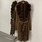 OFTBUY New Women's Knit Long Coat with Full Real Fox Fur  Belted Pockets Warm Winter Elegant Fashion Outerwear Cardigan Sweater