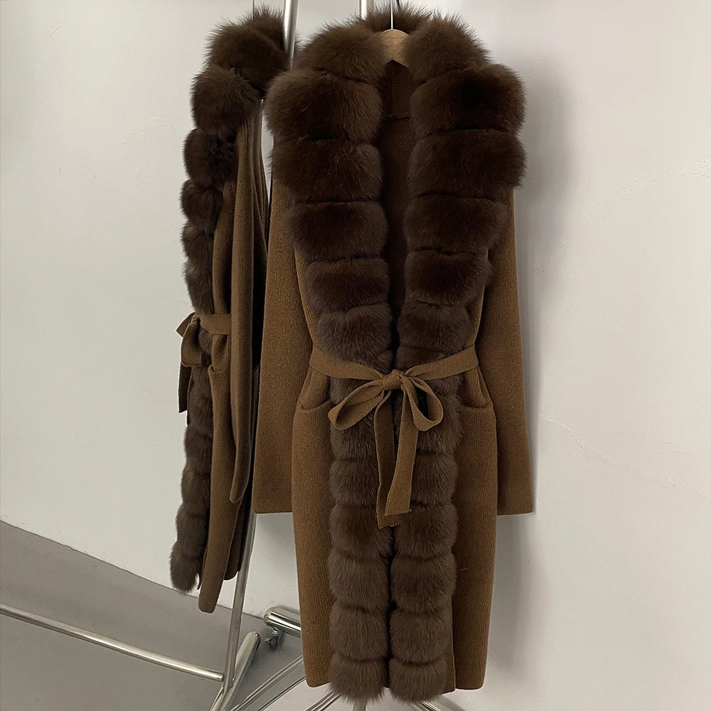 OFTBUY New Women's Knit Long Coat with Full Real Fox Fur  Belted Pockets Warm Winter Elegant Fashion Outerwear Cardigan Sweater