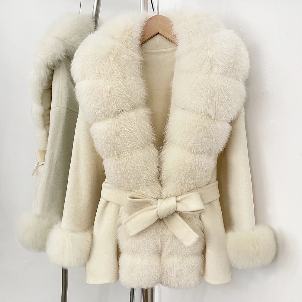 OFTBUY Big Real Fox Fur Pinnacle Woolen Coat Female New Autumn Winter Top Clothes Warm Natural Fox Fur Collar Wool Jacket Women