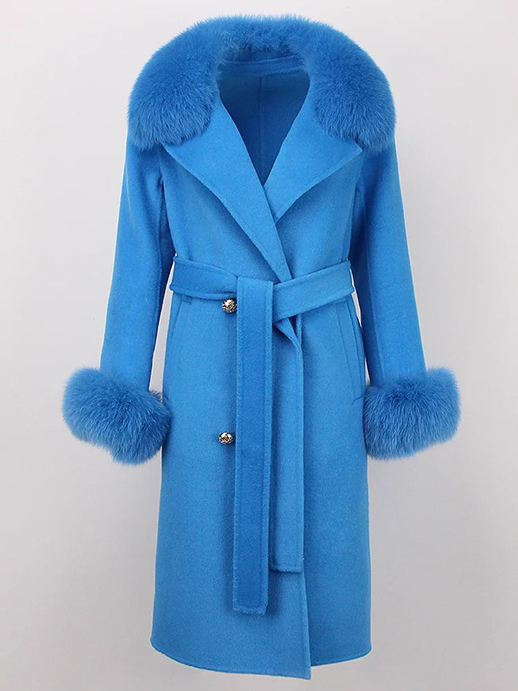 OFTBUY Winter Jacket Women Long Natural Wool Blends Cashmere Real Fur Coat Double Breasted Belt Warm Streetwear New Fashion