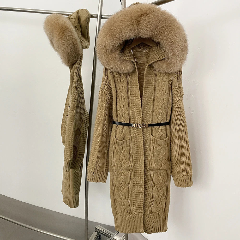OFTBUY New Autumn Winter Knitted Clothes Women Fashion Thick Warm Belt Sweater Coat Female Hooded Real Fox Fur Cardigan Jacket