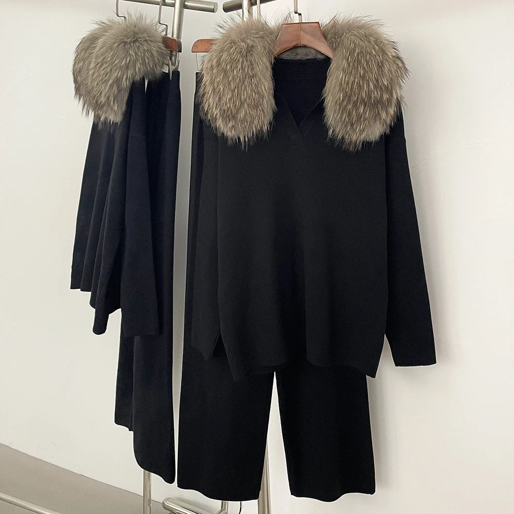 OFTBUY Knitted Pant Set Female Fashion Warm Real Fox Fur Sweater Lady New Autumn Winter Plus Size Woman Clothes Outfits Knitwear