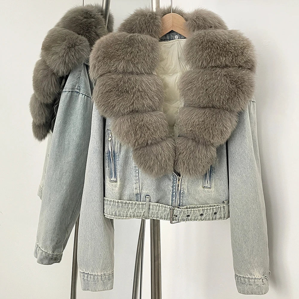 OFTBUY Real Fox Fur Collar Down Inner Lid Denim Jacket Female New Fashion Thick Warm Clothes Women Short Fluffy Puffer Jacket