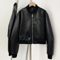 OFTBUY New Spring Autumn Faux Leather Jacket Female Fashion Knitted Collar Fake Leather Coat Women High Quality Black Clothes