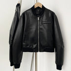 OFTBUY New Spring Autumn Faux Leather Jacket Female Fashion Knitted Collar Fake Leather Coat Women High Quality Black Clothes