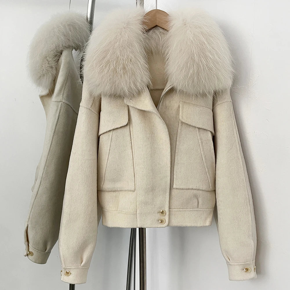 OFTBUY Short 100% Wool Coat Fahsion New Autumn Winter Real Fox Fur Top Clothes Women Natural Fur Cashmere Woolen Jacket Female