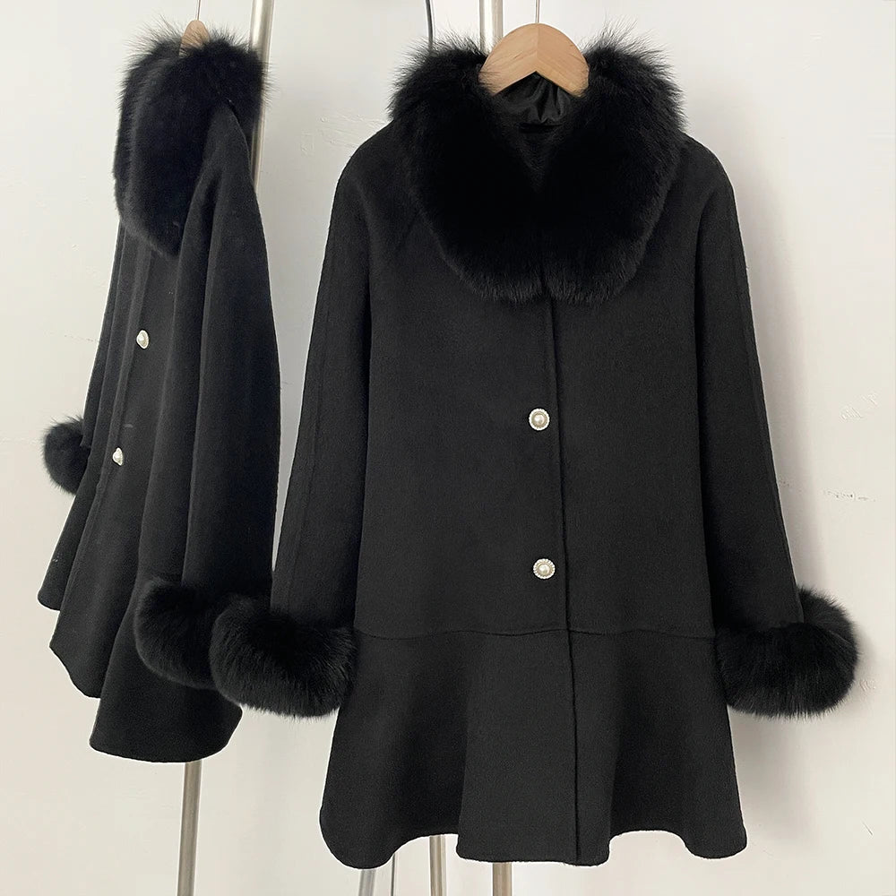 OFTBUY New Women's Wool Coat with Real Fox Fur Colla and Cuffs Luxury Pearl Button Ruffled Hem Winter Warm Outerwear Female