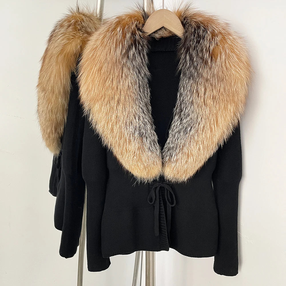 OFTBUY Luxury 100% Cotton Jacket with Real Fox Fur Collar New Autumn Winter Knit Cardigan Women Slim Warm Sweater Outerwear Lady