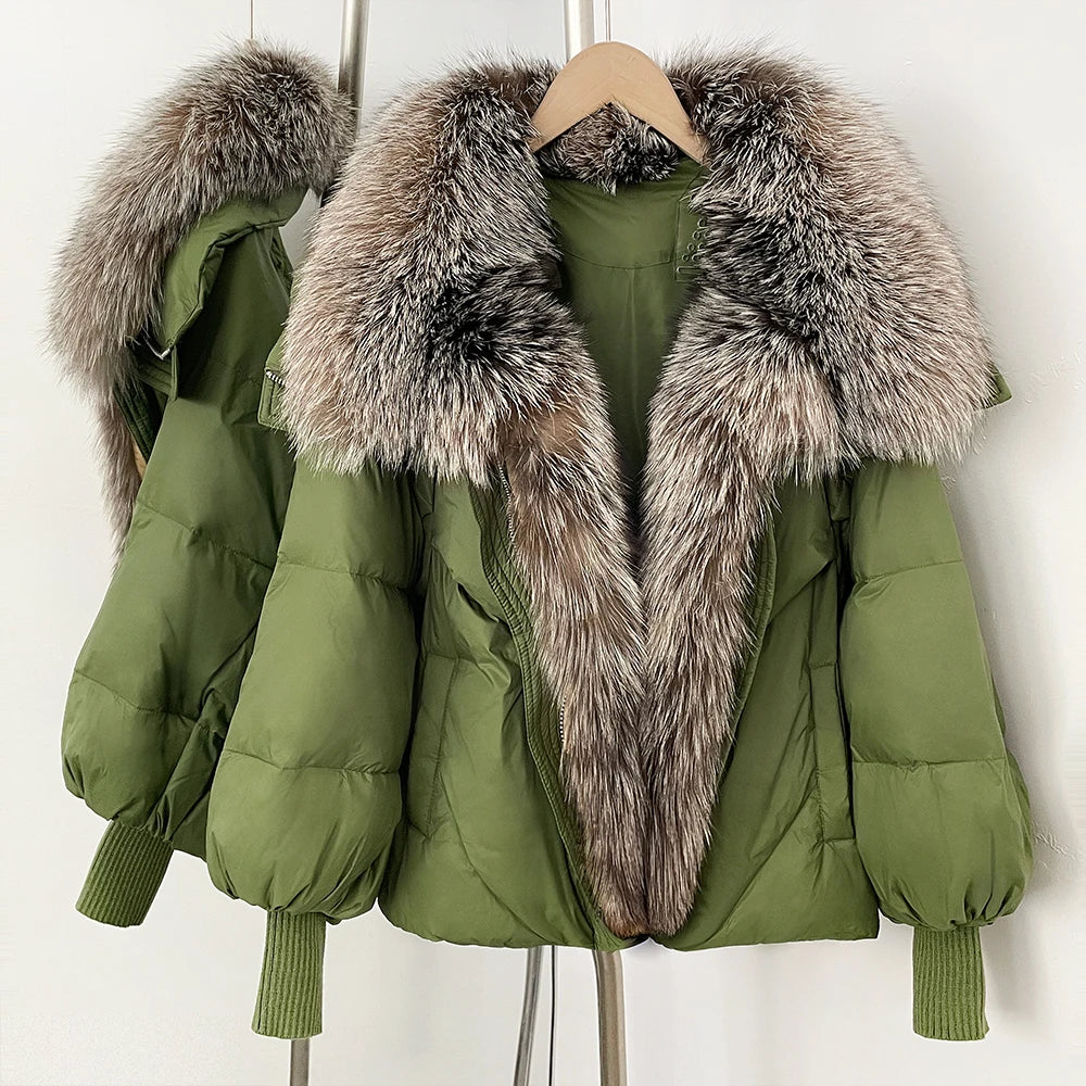 OFTBUY New Puffy Sleeve Warm Loose Puffer Jacket Winter Luxury Outerwear Women's Duck Down Jacket with Large Real Fox Fur Collar