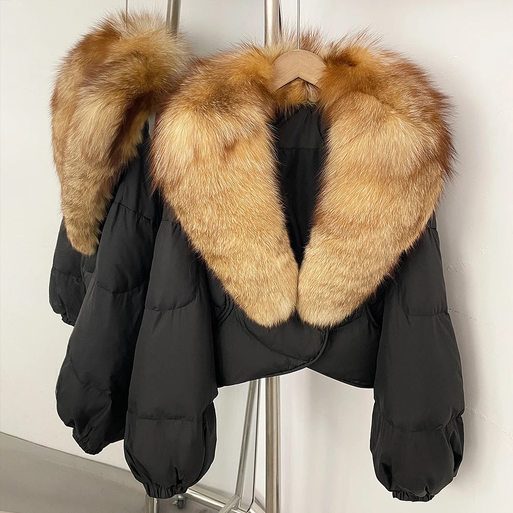 OFTBUY New Winter Real Fox Fur Short Puffer Jackets Women Natural Thick Warm 90% White Duck Down Cropped Loose Waterproof Coat