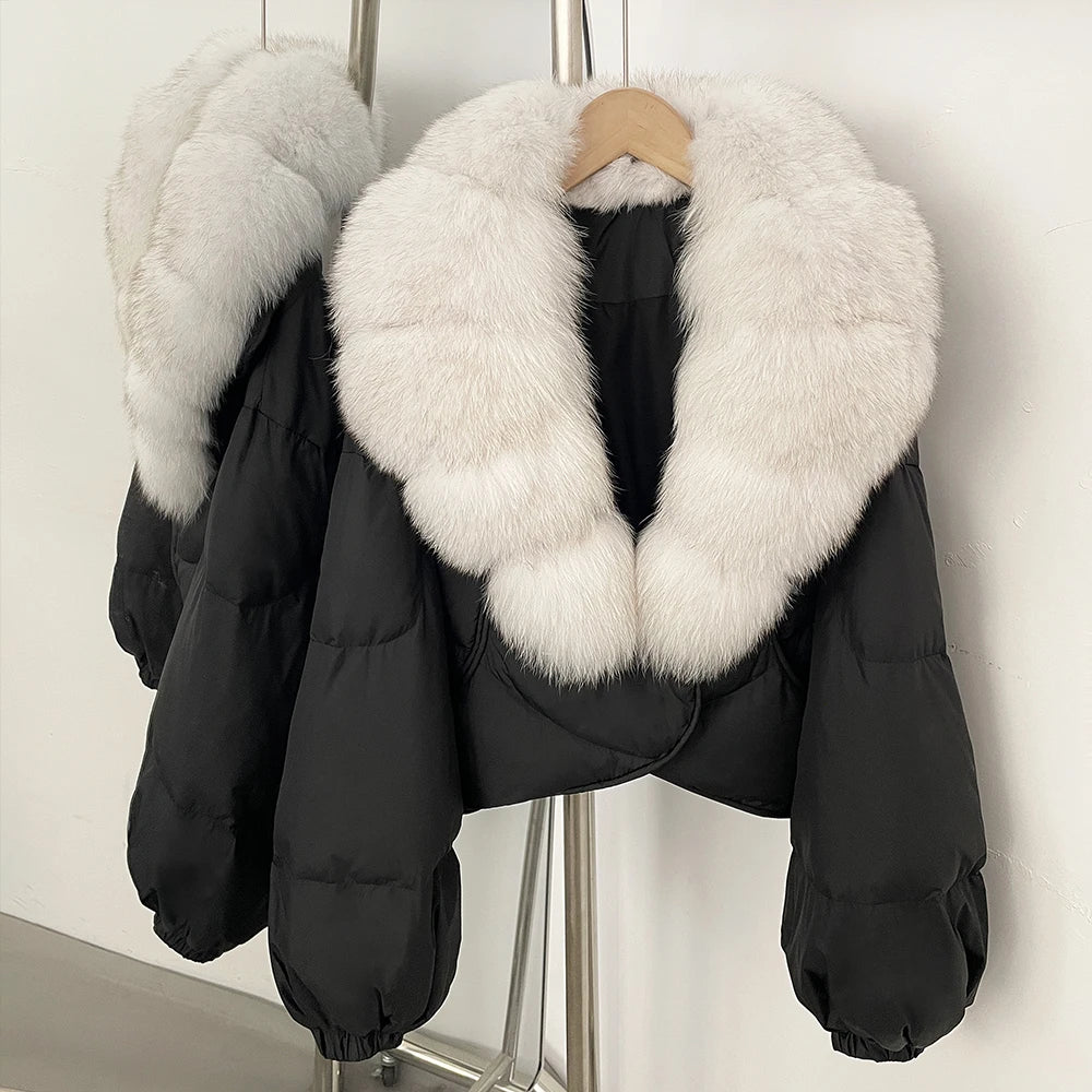 OFTBUY New Winter Real Fox Fur Short Puffer Jackets Women Natural Thick Warm 90% White Duck Down Cropped Loose Waterproof Coat