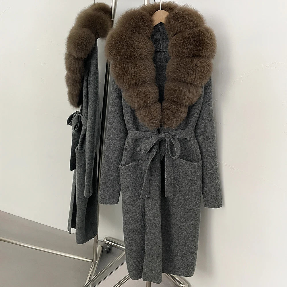 OFTBUY Women's Luxury Brown Knit Cardigan with Real Fox Fur Collar Belted Sweater Coat Female New Fashion Warm Winter Outerwear