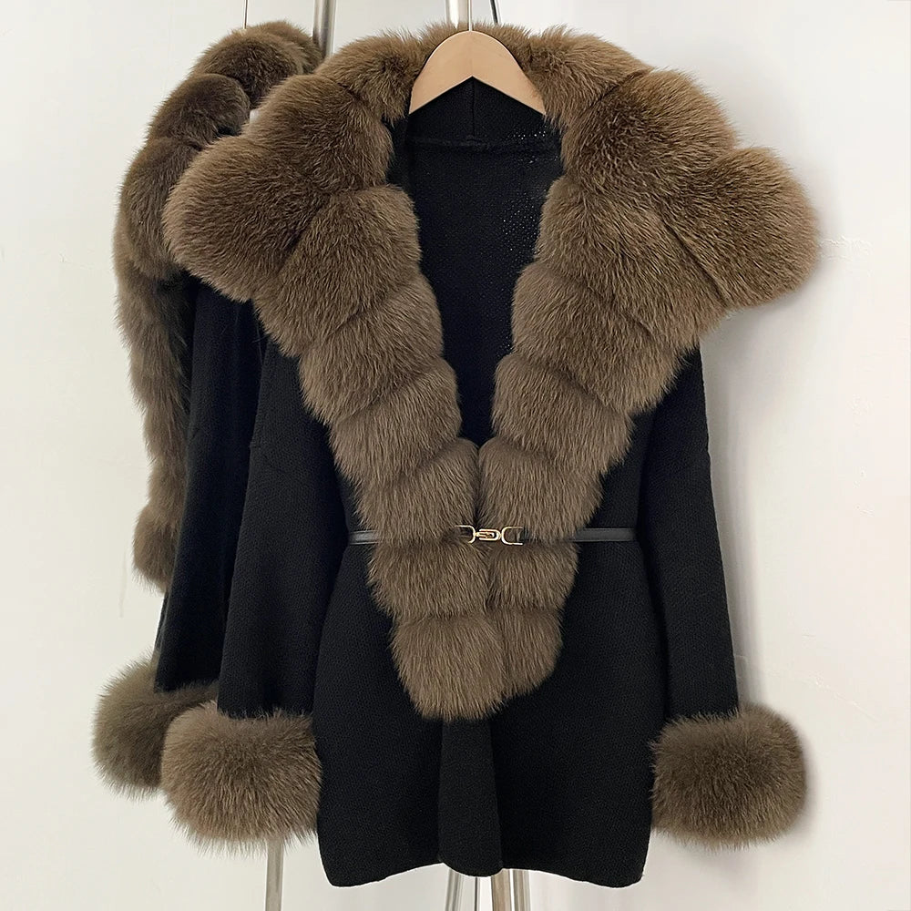 OFTBUY Belt Loose Fit Warm Winter Fashion Outerwear Natural Fur Sweater Female New Women's Knit Coat with Large Real Fox Fur