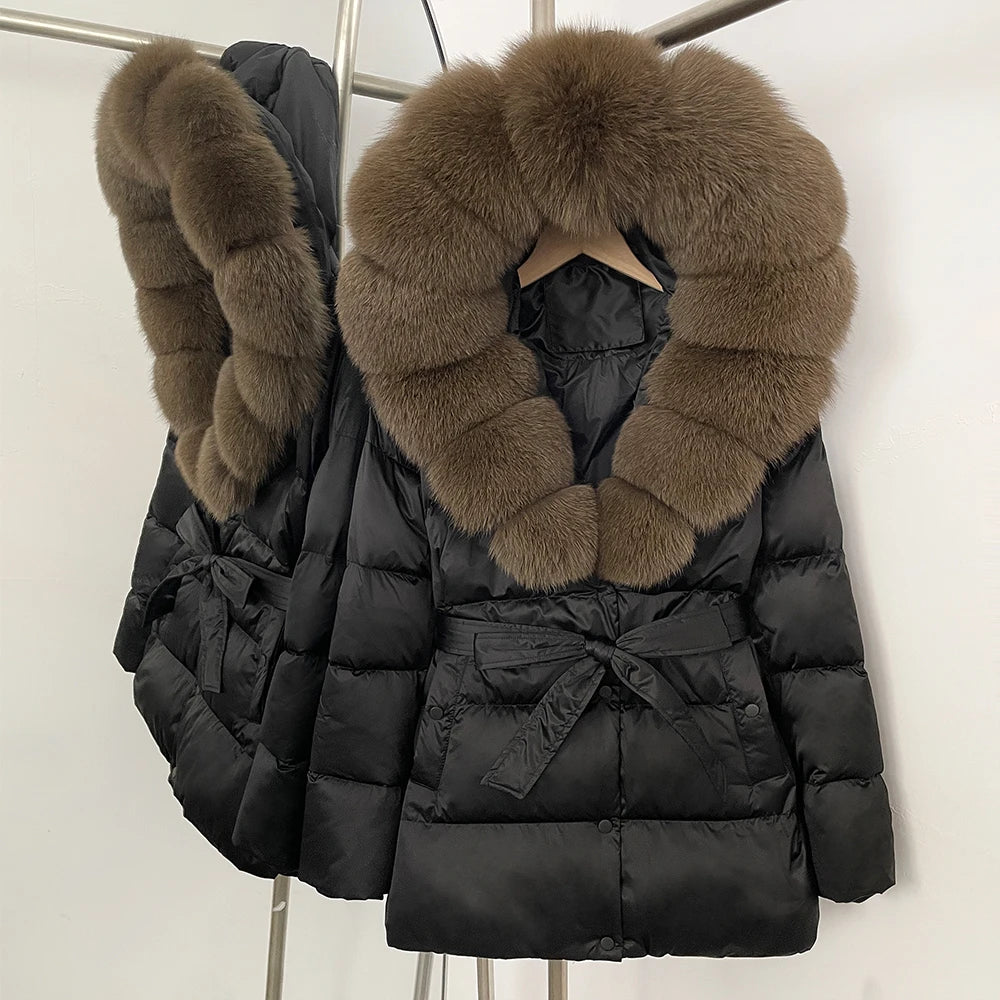 OFTBUY New Women's Duck Down Jacket with Large Real Fox Fur Hood Belted Waist Warm Winter Puffer Coat Lady Luxury Outerwear