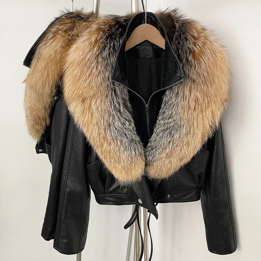 OFTBUY Women's Black Faux Leather Moto Jacket with Real Fox Fur Collar PU Leather Cropped Biker Coat Female New Winter Outerwear