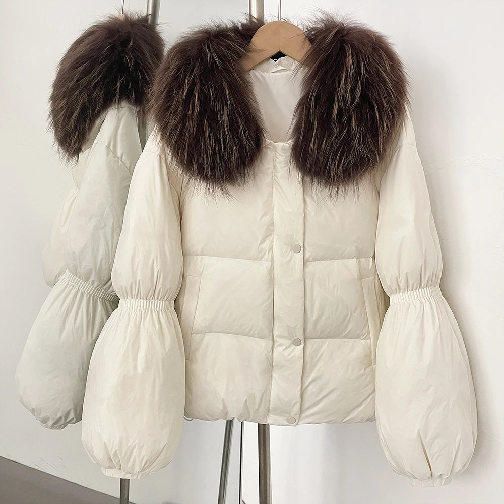 OFTBUY New Winter Loose Top Clothes Women Real Fox Fur Fluffy Puffer Jacket Female Lantern Sleeves Natural Fur Collar Down Coat