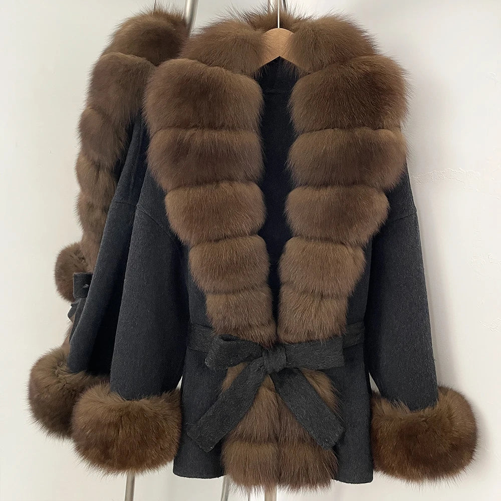 OFTBUY Big Natural Fox Fur Pinnacle 100% Wool Coat Female New Autumn Winter Clothes Women Belt Natural Fur Collar Woolen Jacket