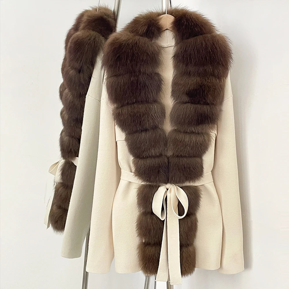 OFTBUY New Women's Knit Cardigan with Oversized Real Fox Fur Trim Self-Tie Belt Sweater Luxury Warm Winter Fashion Outerwear