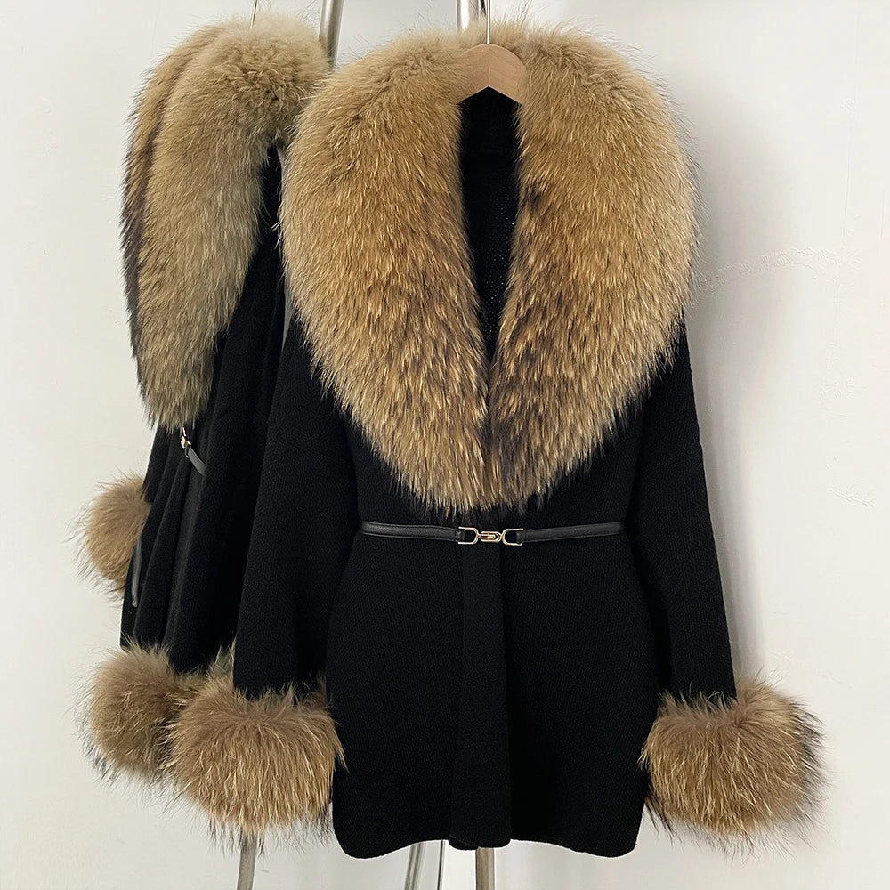 OFTBUY Belt Knit Warm Winter Luxury Casual Fashion Outerwear Sweater Female New Women's Knit Coat with Large Real Fox Fur Collar