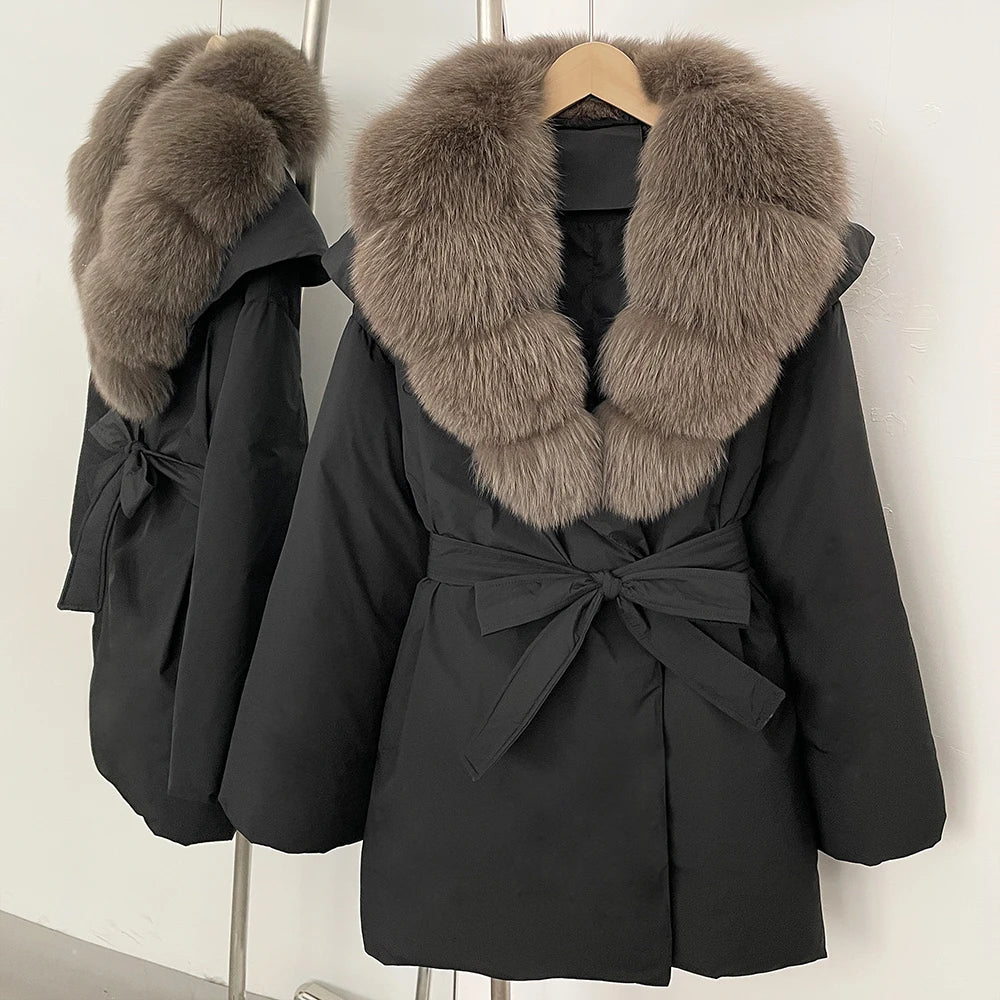 OFTBUY Natural Fox Fur Collar Fluffy Puffer Jacket Women Thickened Warm Real Fur White Duck Down Coat New Winter Parke Outerwear