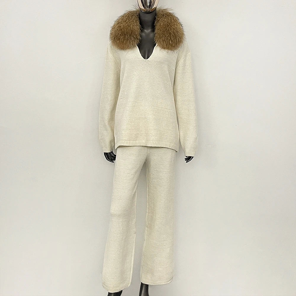 OFTBUY New Women's Knit Two Piece Set with Real Fox Fur Collar Loose Pants Warm Winter Elegant Casual Outfit Sweater Female
