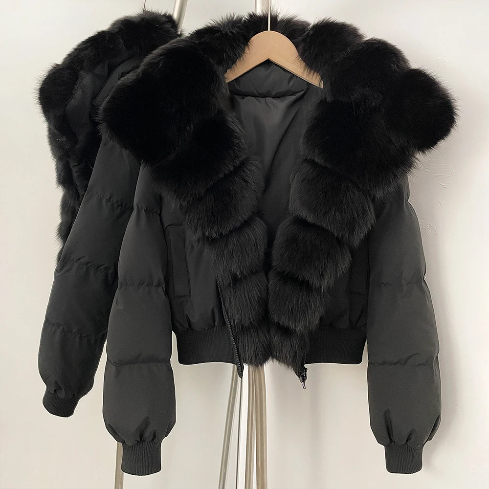 OFTBUY New Winter Real Fox Fur Hooded 90% White Duck Down Jacket Women Short Loose Puffer Coat Female Thicken Parkas