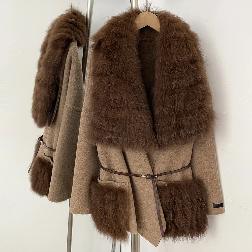 OFTBUY Fur Pockets Winter Luxury Outerwear Woolen Jacket Female New Women's Double Face Wool Coat with Large Real Fox Fur Collar