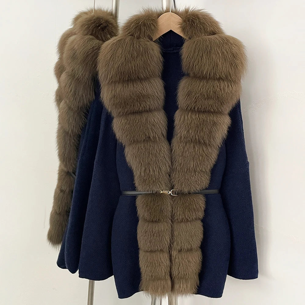OFTBUY Metal Belt Knit Warm Winter Luxury Fashion Outerwear Sweater Cardigan New Women's Knit Coat with Full Real Fox Fur Front