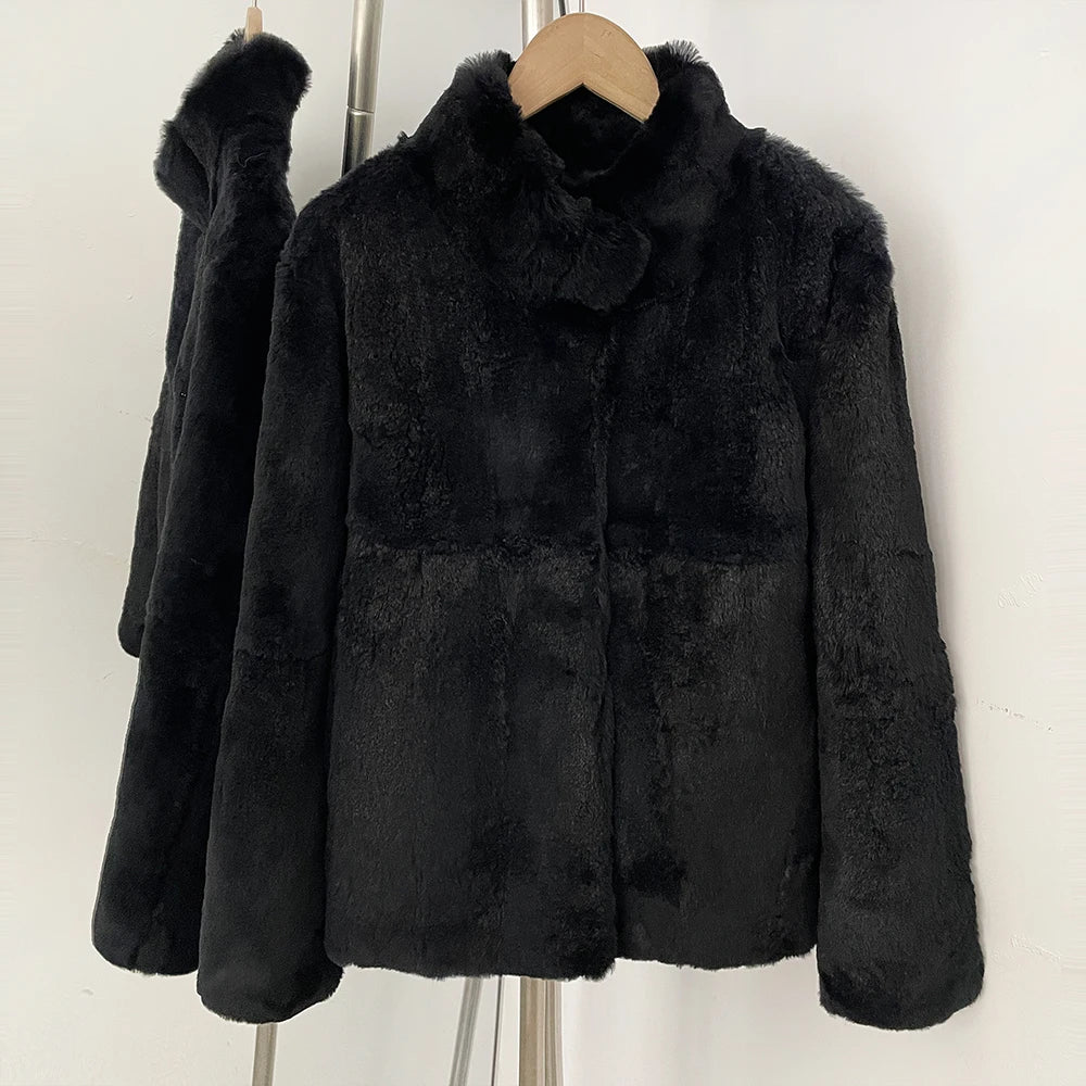 OFTBUY Women's Luxury Real Rabbit Fur Coat Stand Collar Fur Jacket Female New Warm Autumn Winter Outerwear for Cold Weather