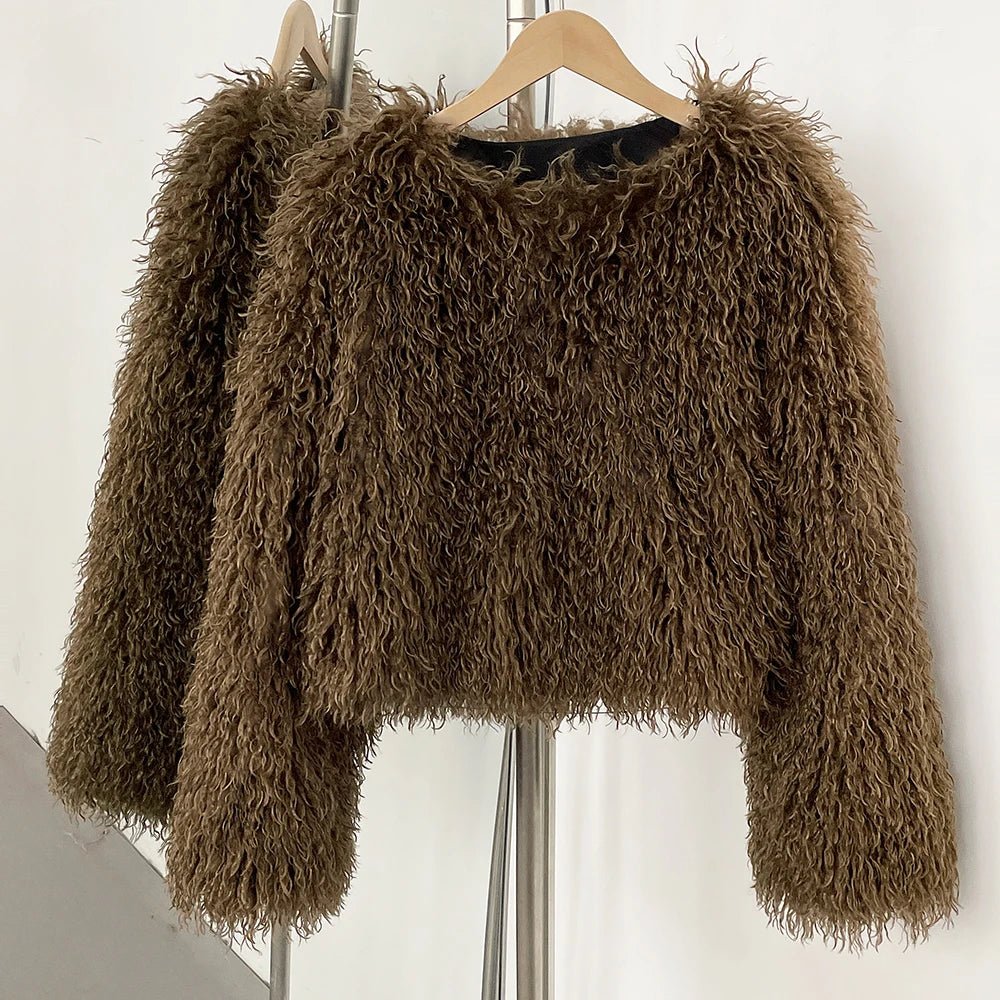 OFTBUY Cropped Faux Mongolia Sheep Fur Jacket