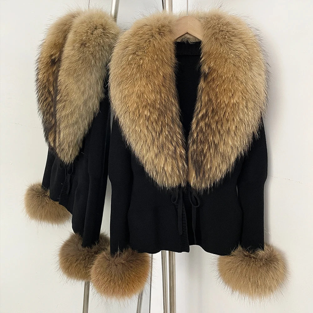 OFTBUY New Autumn Winter Knit Cardigan Women Fashion Warm Clothes with Real Fox Fur Luxury Natural Fur Sweater Jacket Female