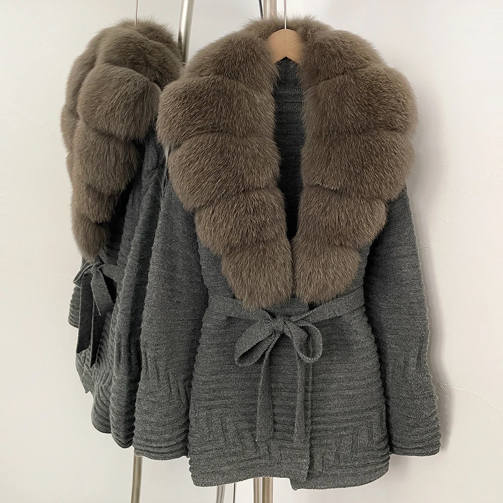 OFTBUY New Women's Knit Coat with Large Real Fox Fur Collar Belted Waist Striped Texture Pockets Winter Luxury Elegant Outerwear