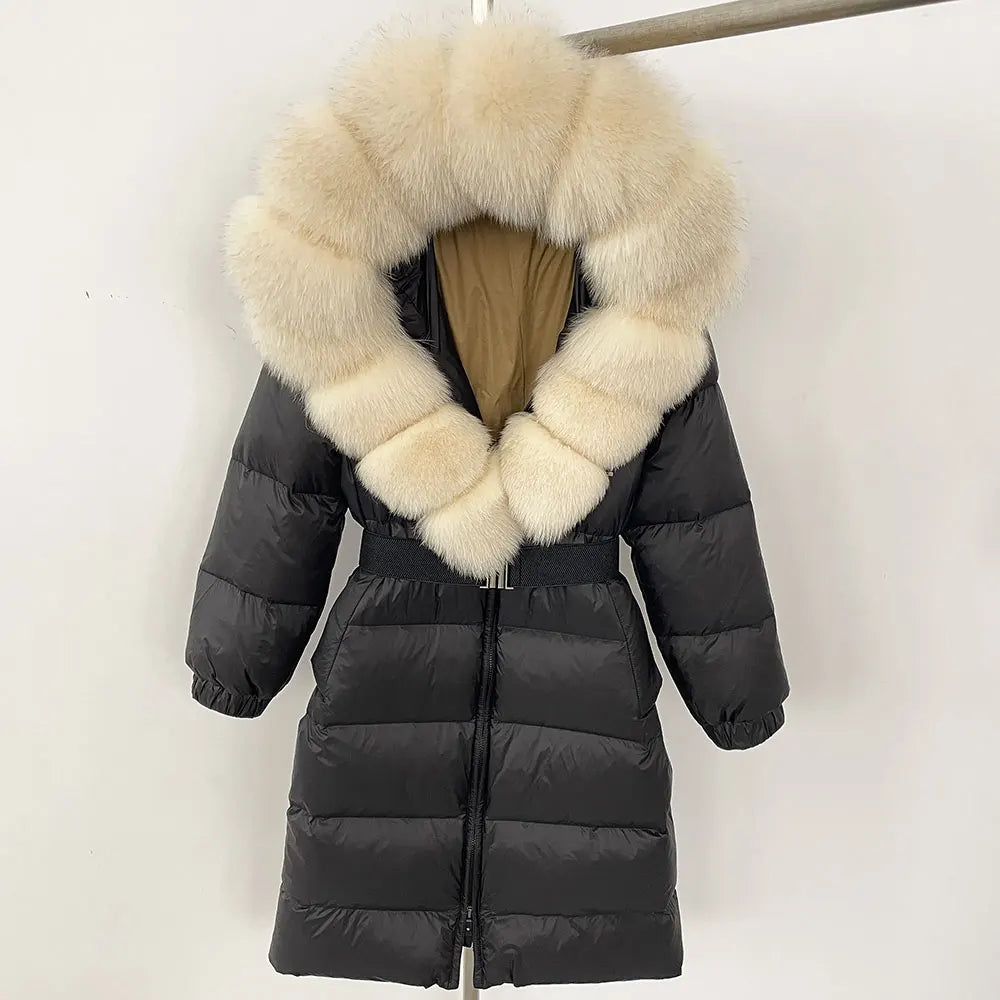 OFTBUY New Natural Thick Warm Duck Down Coat Female Long Winter Jacket Women Real Big Fox Fur Collar Belt Loose Puffer Parka