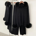 OFTBUY New Autumn Winter Clothing Women Fashion Real Fox Fur Collar Sweater Suit Female Raccoon Fur Pullovers Trousers Set Lady