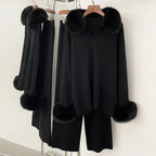 OFTBUY New Autumn Winter Clothing Women Fashion Real Fox Fur Collar Sweater Suit Female Raccoon Fur Pullovers Trousers Set Lady