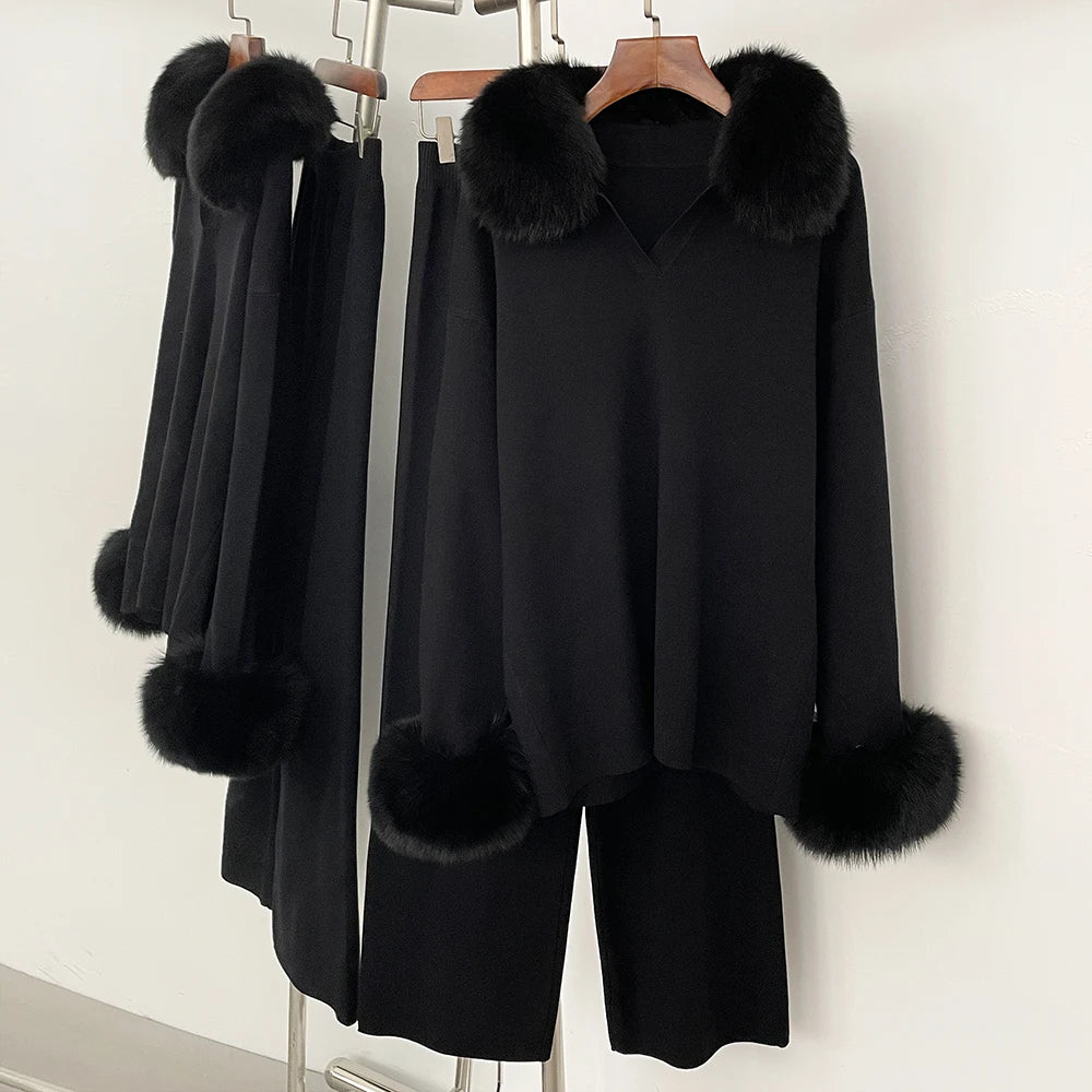 OFTBUY New Autumn Winter Clothing Women Fashion Real Fox Fur Collar Sweater Suit Female Raccoon Fur Pullovers Trousers Set Lady