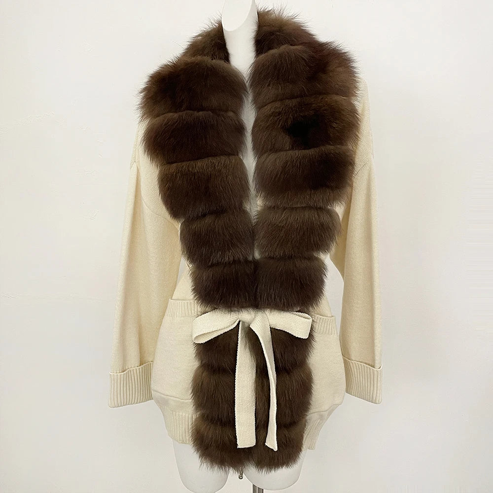 OFTBUY Trim Belted Waist Warm Winter Luxury Fashion Outerwear Sweater Female New Women's Knit Cardigan with Large Real Fox Fur