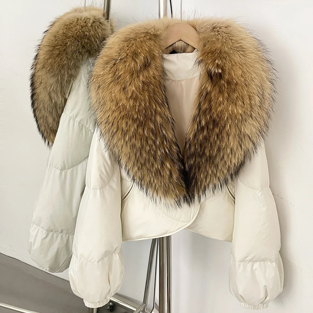 OFTBUY New Winter Real Fox Fur Short Puffer Jackets Women Natural Thick Warm 90% White Duck Down Cropped Loose Waterproof Coat