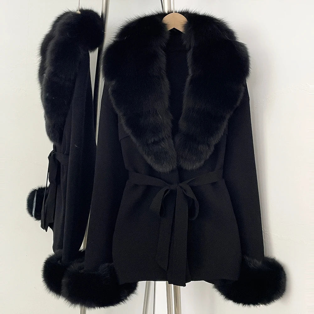 OFTBUY New Women's Knit Cardigan with Real Fox Fur Collar and Cuff Belt Luxury Coat Warm Autumn Fashion Outerwear Sweater Female