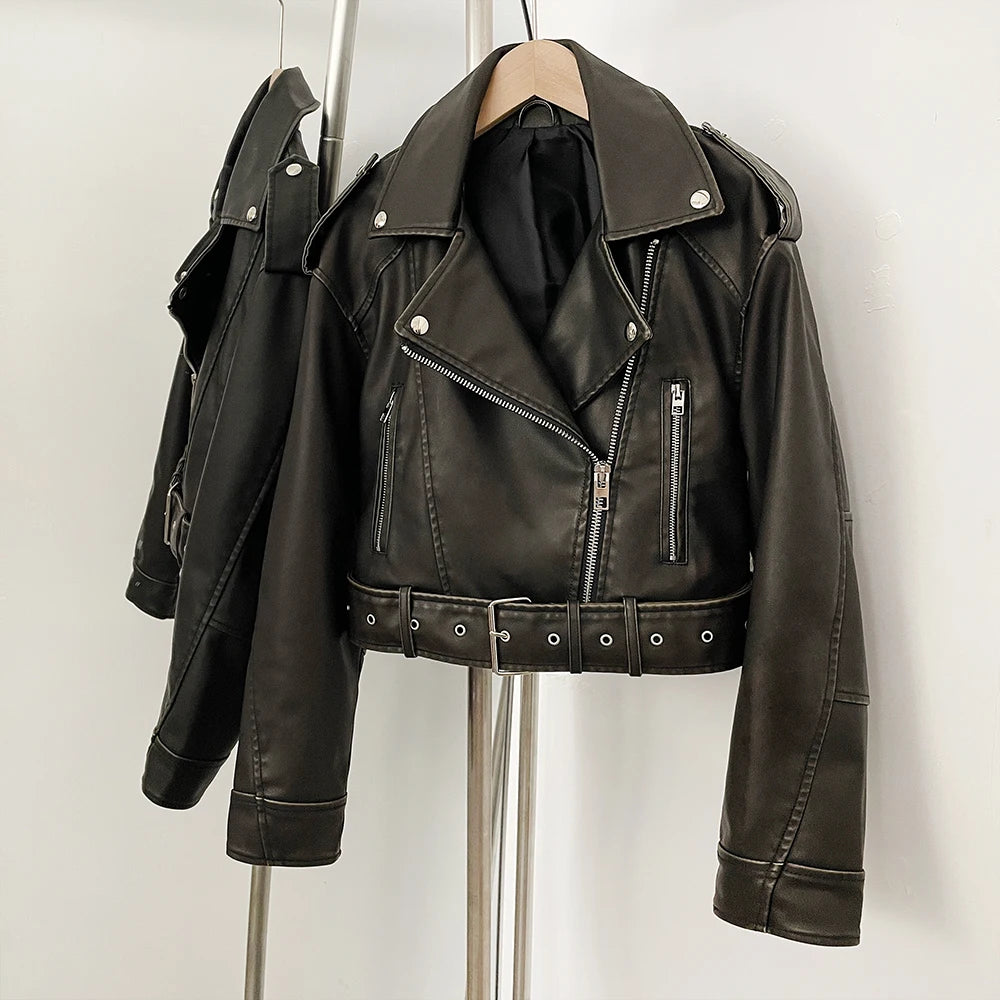 OFTBUY Fashion Faux Leather Jacket Female New Spring Autumn Long Sleeves Fake Leather Clothes Women Short Pu Leather Coat