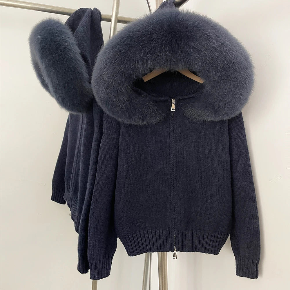 OFTBUY Luxury Knitted Zip-Up Hoodie with Oversized Real Fox Fur Hood - Premium Apres-Ski Luxe Loungewear