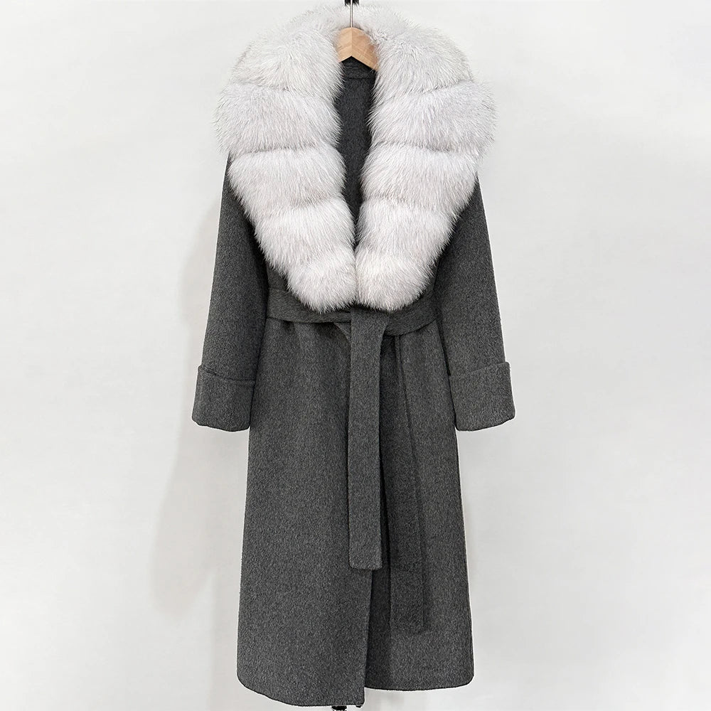 OFTBUY Long Belt 100% Wool Coat with Real Fox Fur Collar Warm Natural Fur Woolen Jacket Female New Autumn Winter Clothing Women