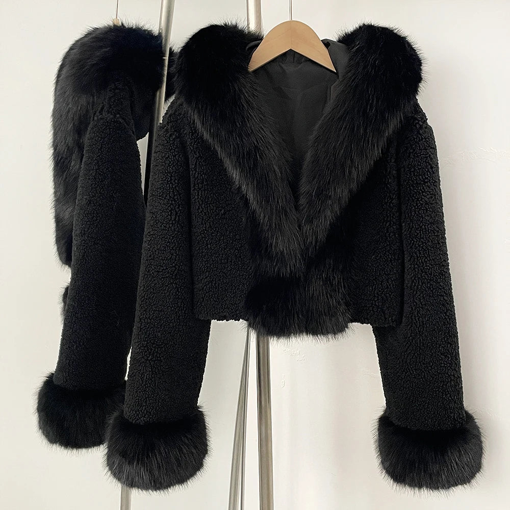 OFTBUY Short Faux Lamb Fur Jacket Female New Fashion Autumn Warm Thick Artificial Fur Winter Clothing Women Hooded Fake Fox Fur Coat