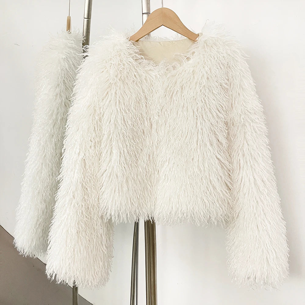 OFTBUY Cropped Faux Mongolia Sheep Fur Jacket