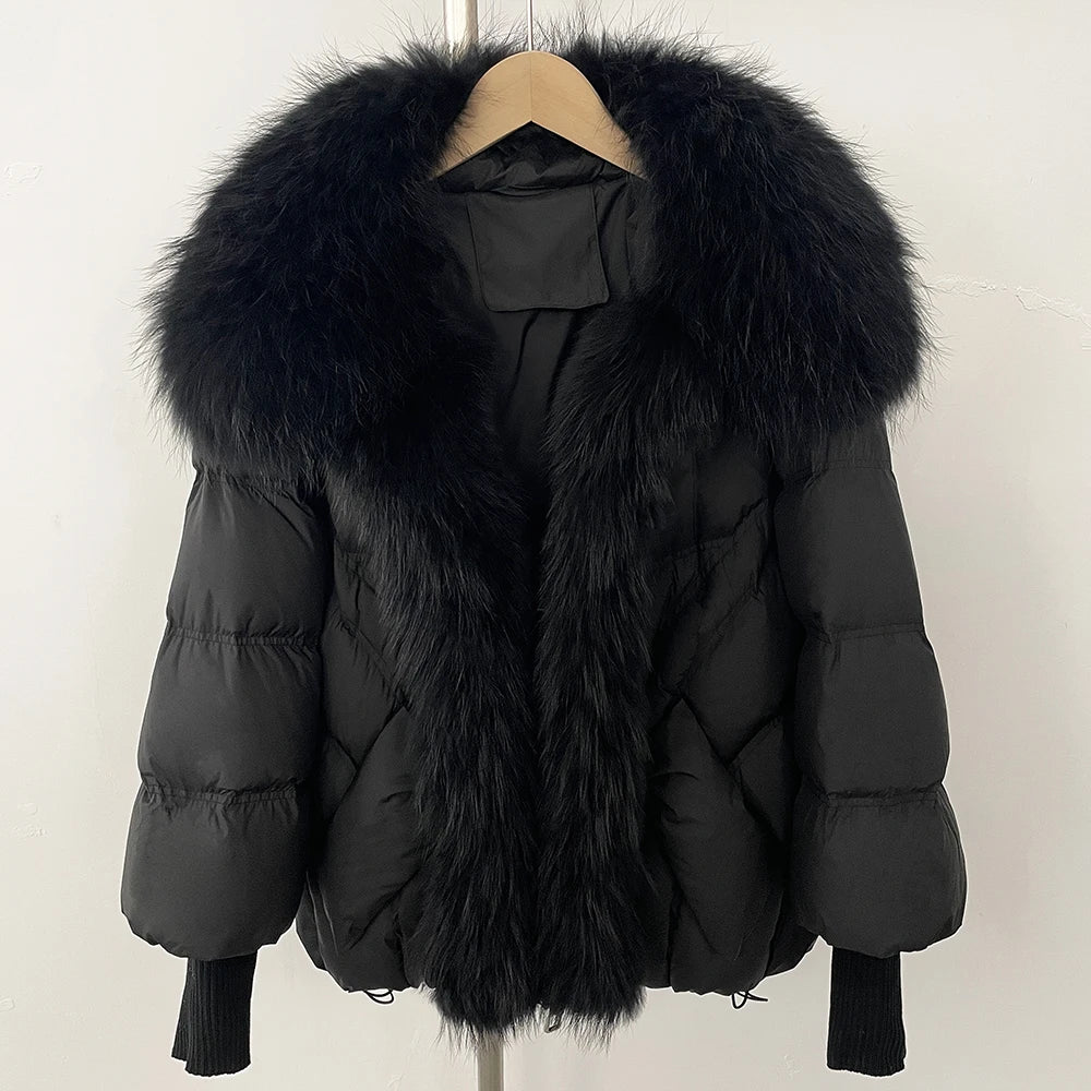 OFTBUY New Winter Large Real Raccoon Fur Puffer Coat Women Knit Sleeve White Duck Down Jacket Female Oversize Feather Down Parka