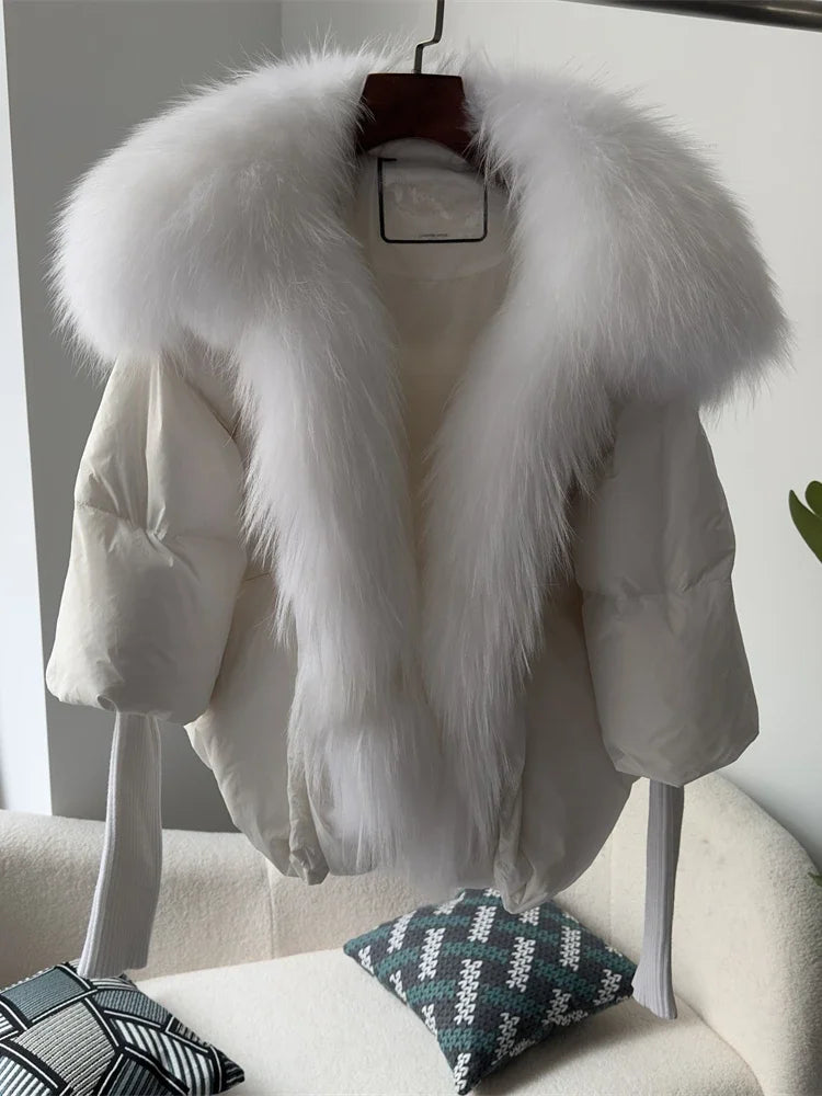 OFTUBY White Duck Down Jacket Winter Women Warm Loose Coat Natural Real Fox Fur Collar Thick Luxury Outerwear New Fashion