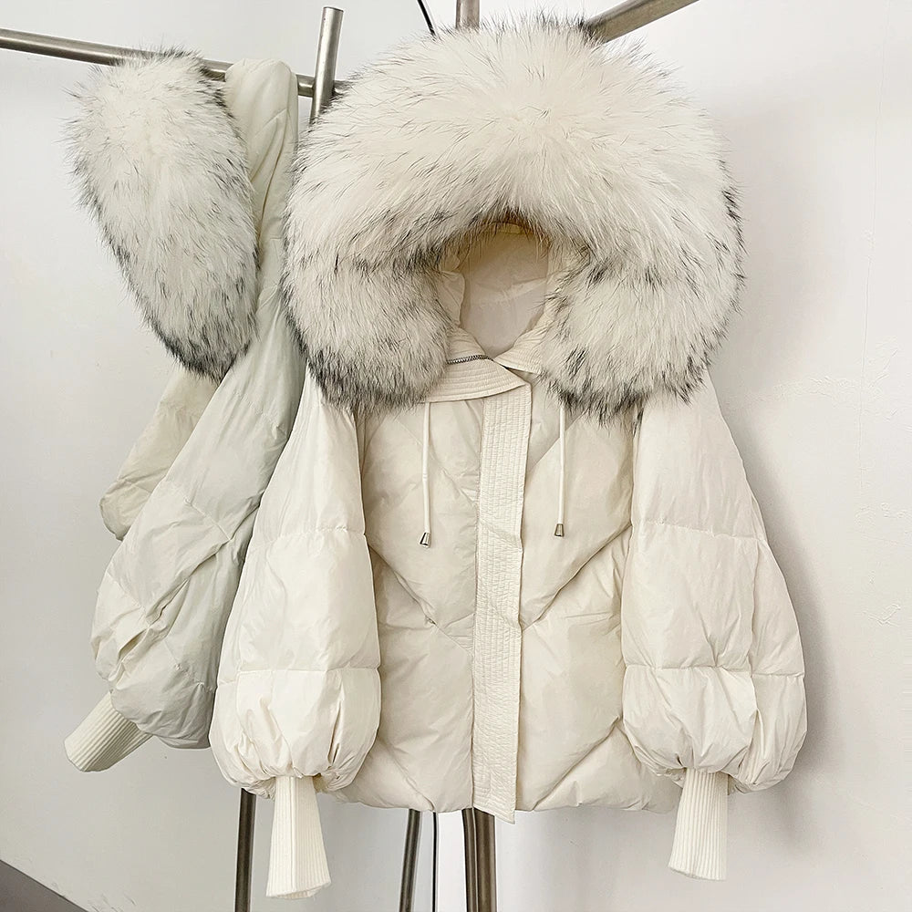 OFTBUY Thicken Warm Knitted Sleeve Coat New Winter Large Real Fur Hooded Puffer Jacket Women White Duck Down Mid Long Parka