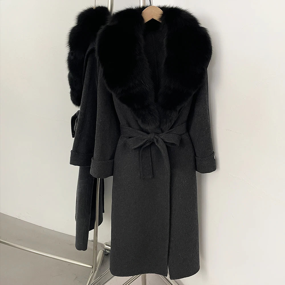 OFTBUY Belted Elegant Warm Outerwear Coat Female Women's Luxury Double-Faced Wool Jacket Winter Oversized Real Fox Fur Collar