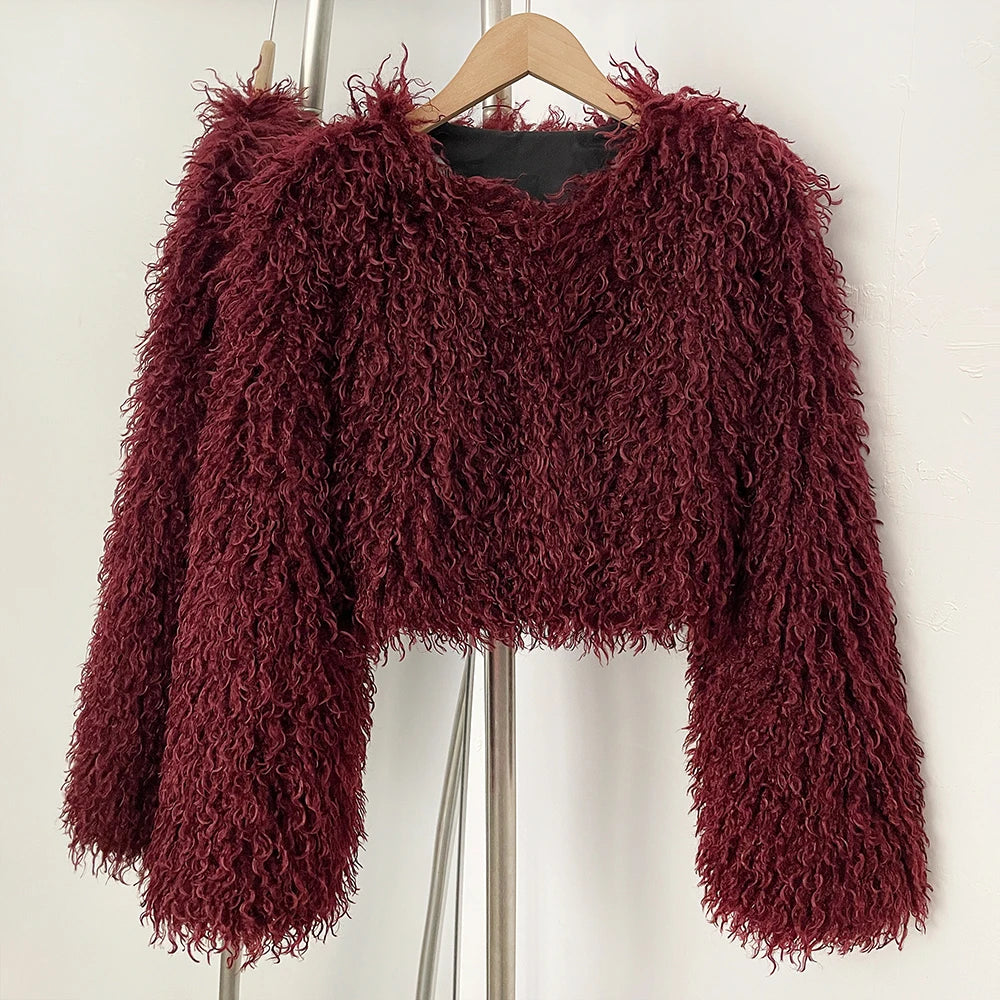 OFTBUY Faux Fur Coat for Women Fur Fluffy Autumn Short Fur Coat Eco-friendly Warm Female New Winter Jacket Long Sleeves O-neck